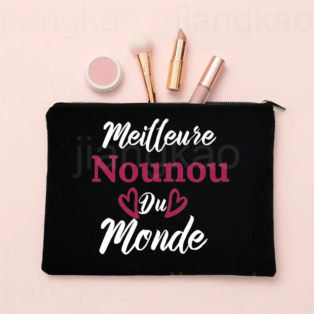 j'aime ma nounou, trousse de maquillage imprimée française, pochette de rangement de toilette de voyage, trousse à cosmétiques pour femmes, sacs à fermeture éclair, cadeau de remerciement pour nounou