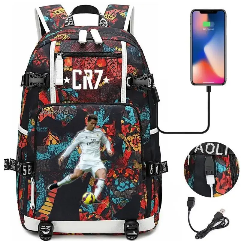 mode cr7 sac à dos usb charge sac d'école 15.6 pouces sac à dos pour ordinateur portable femme mâle livre sac sacs à dos étanche adolescents sac à dos