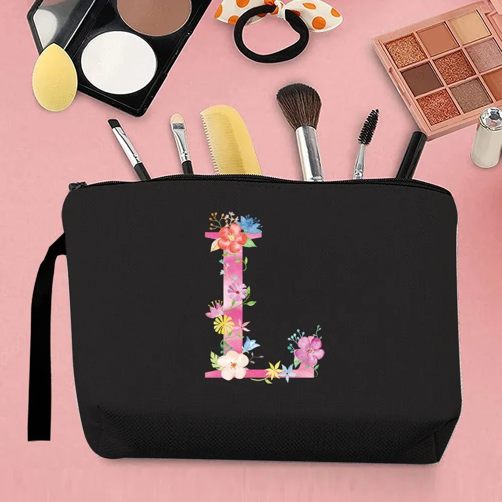 trousse de maquillage pour femmes, trousse de maquillage portable, trousse de maquillage de voyage pratique, sac à main en toile, motif de lettres roses, organisateur de bijoux