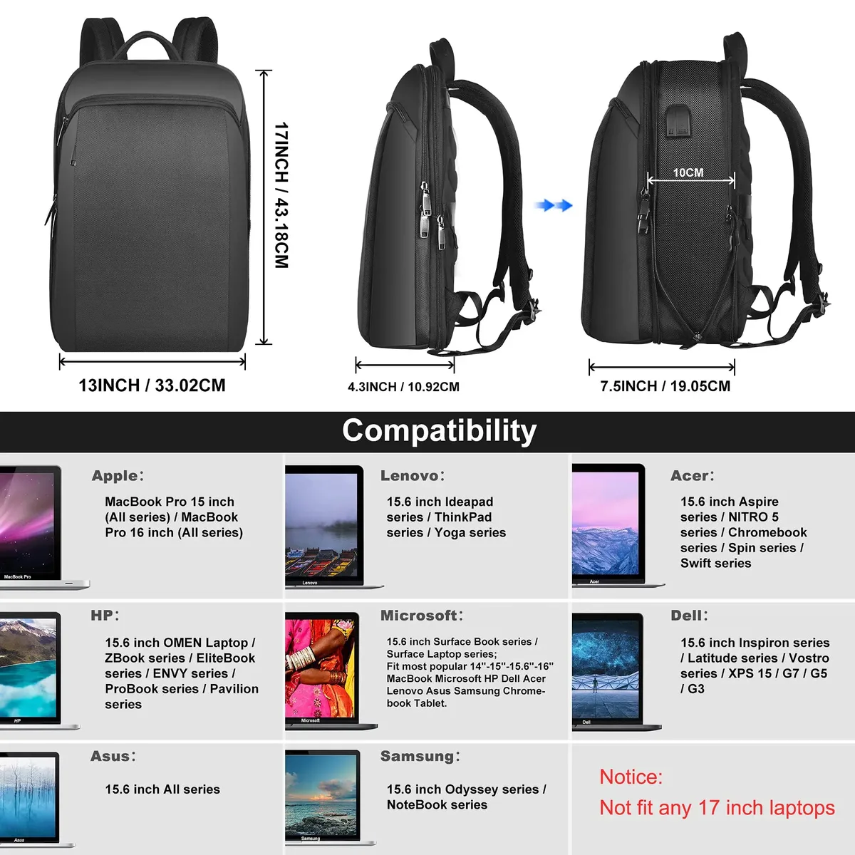 zinz slim extensible sac à dos pour ordinateur portable antivol 15-16 pouces sac pour ordinateur portable de voyage d'affaires pour hommes et femmes