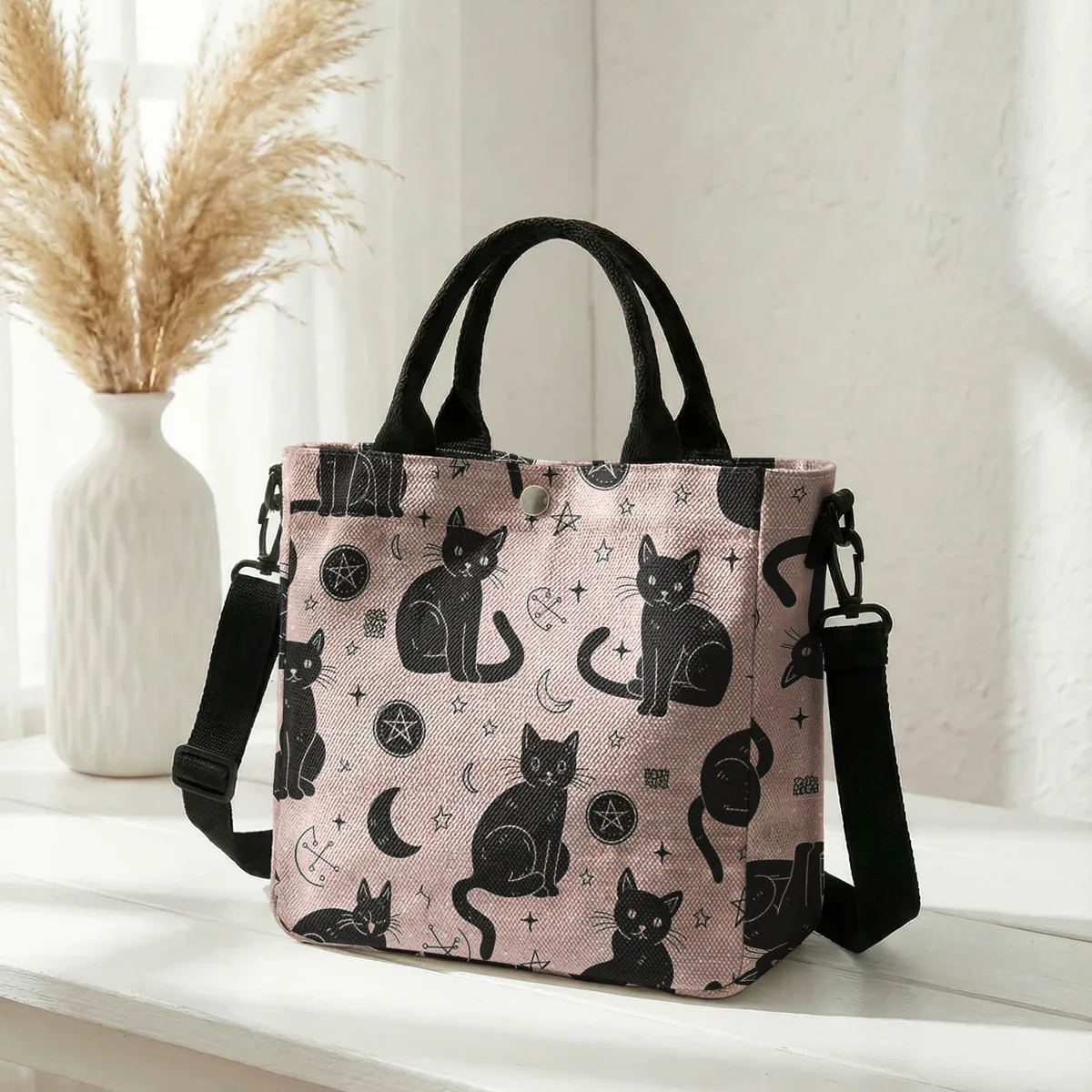 sac fourre-tout en toile rose imprimé lune et étoiles avec chat noir sorcière, bandoulière détachable, sac à main bandoulière pour femme, idéal pour le shopping quotidien