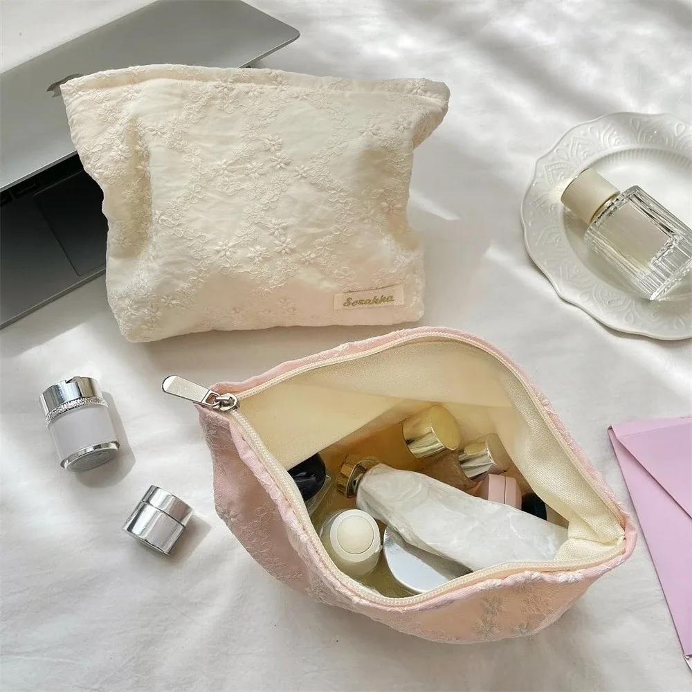nouvelle trousse de maquillage portable en dentelle brodé avec fermeture éclair, organisateur de voyage pour cosmétiques et articles de toilette pour femme
