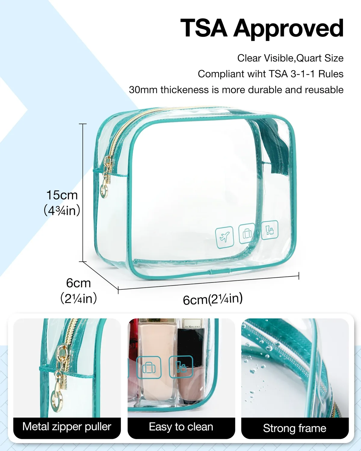 trousse toilette pvc turquoise géométrique bandes dorées poignée amovible compartiments zips voyage cosmétiques maquillage