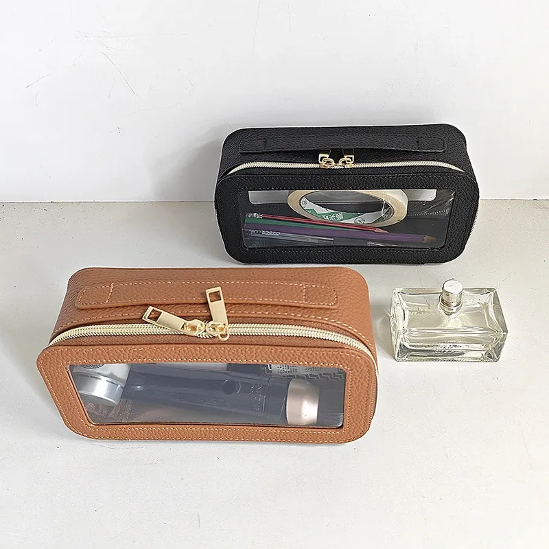 sac de voyage de luxe portable pour cosmétiques, personnalisable avec nom, en cuir pu, fermeture éclair, grande capacité, trousse de maquillage transparente, étanche, trousse de toilette