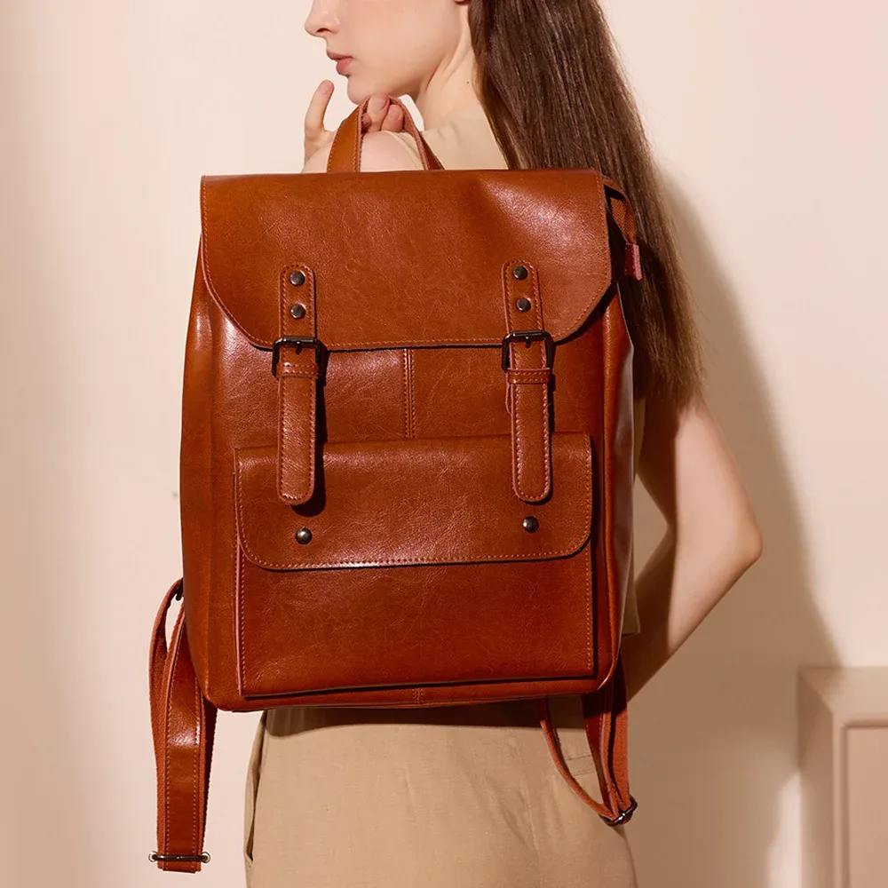 nouveau sac à dos antivol en cuir véritable, durable, grande capacité, sac à dos vintage pour ordinateur portable pour femmes, 14 pouces, en cuir de vache, pour l'école et le collège