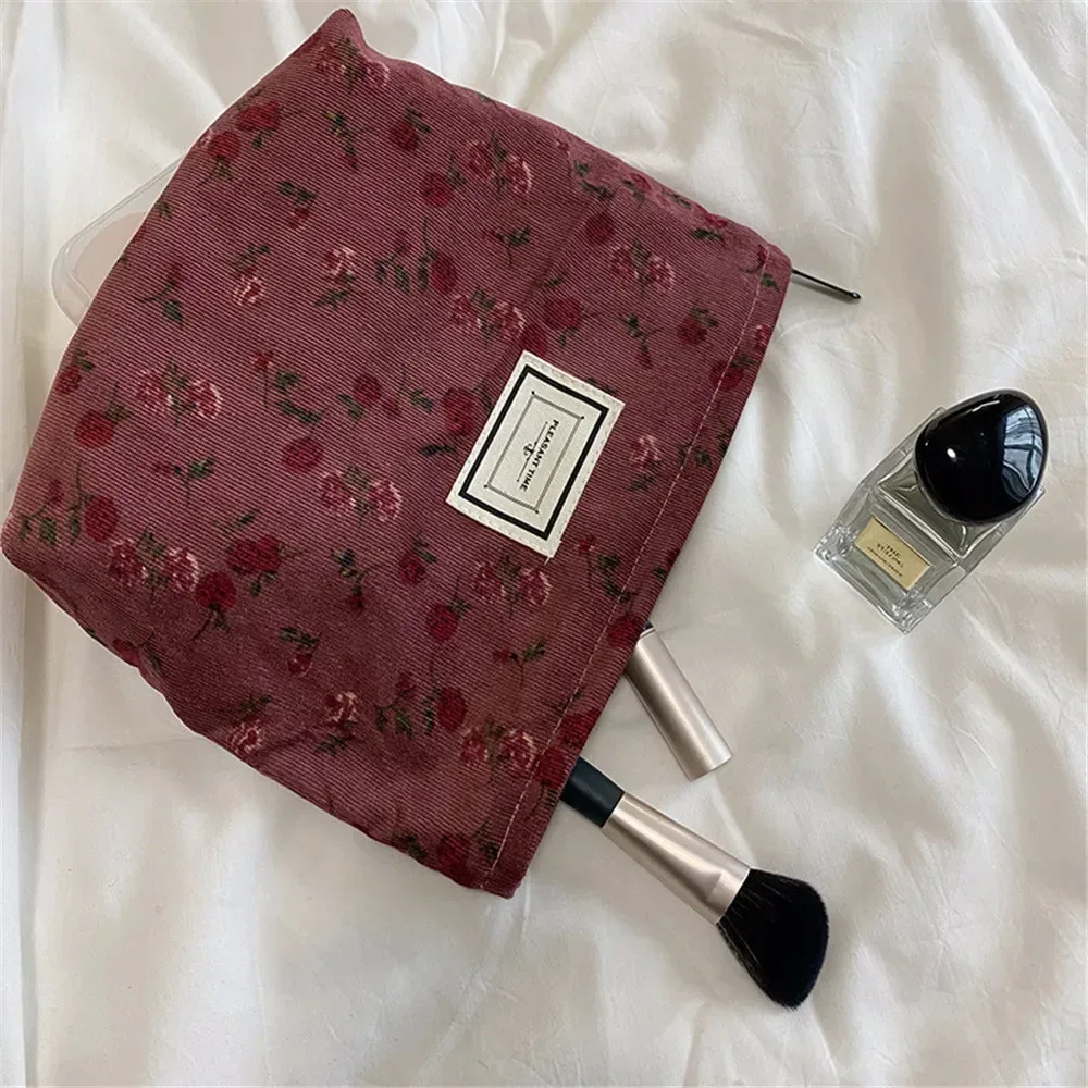 sac à cosmétiques en velours côtelé de grande capacité pour femme, trousse de maquillage à fermeture éclair, pochette de rangement de cosmétiques de voyage portable
