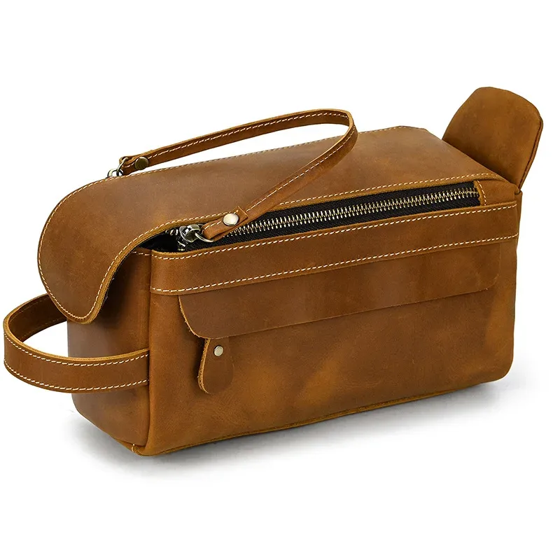 petit sac de voyage de bonne qualité, portefeuille de voyage en cuir crazy horse, sac de rangement, sac de maquillage de lavage pour trousse de toilette de voyage