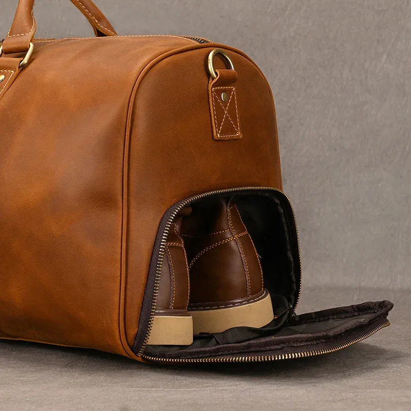 sac de voyage pour hommes, grande capacité, polochon de voyage en cuir véritable avec poche à chaussures, grand sac à bandoulière étanche pour hommes