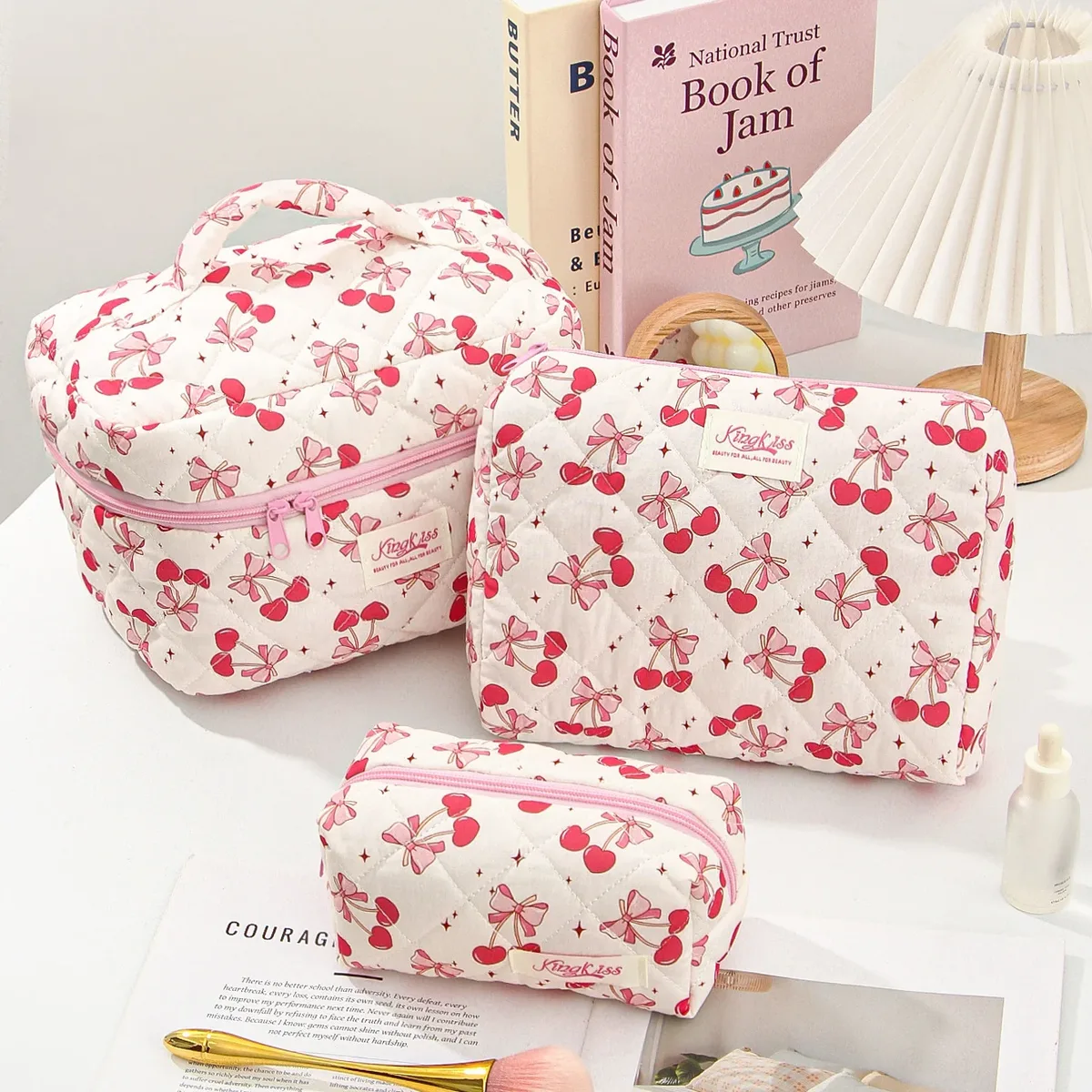 Trousse Polyester Fleur Cerises Rubans Rose Fond Blanc Fermeture Éclair Voyage Maquillage Cosmétiques Femme