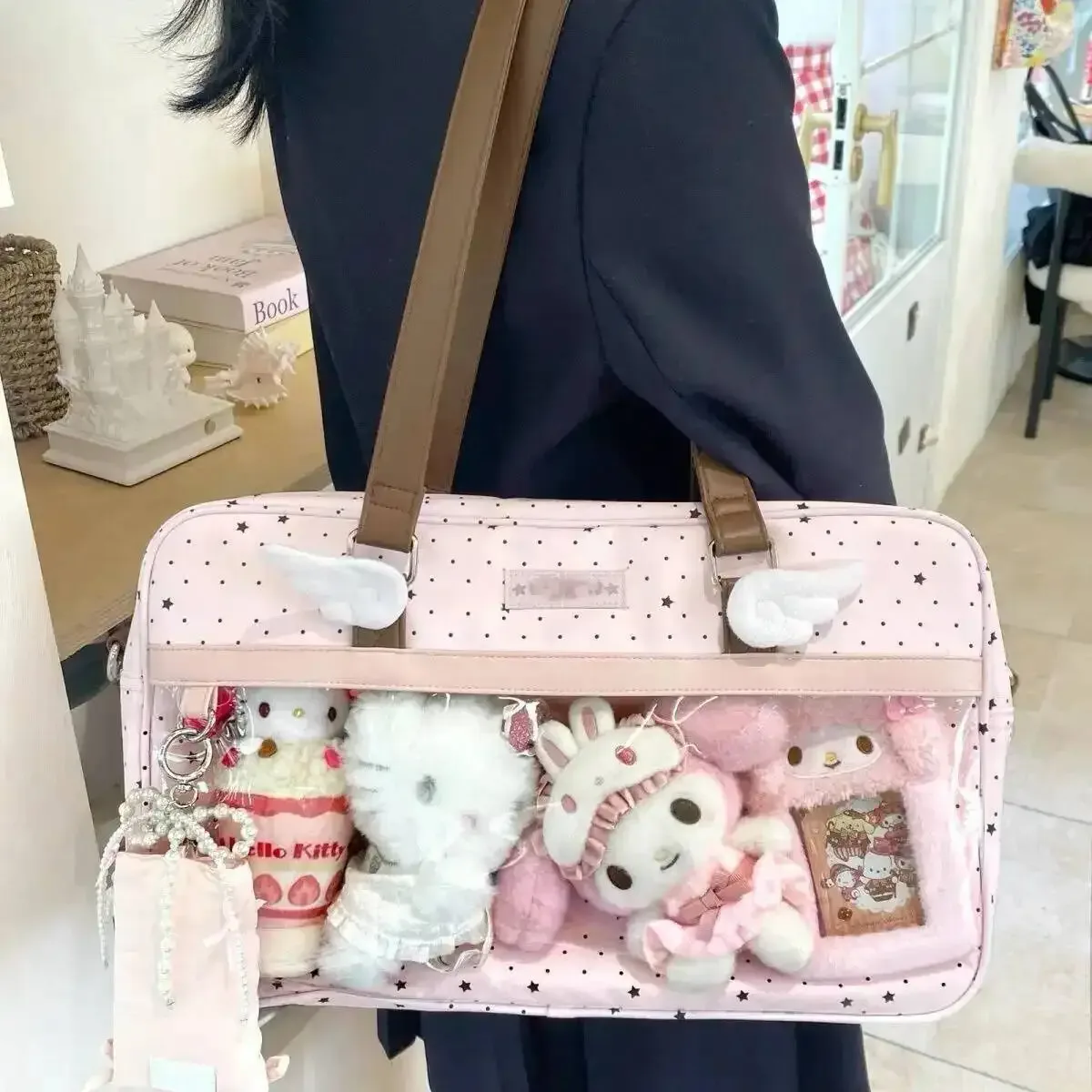 nouveau mignon grande capacité dentelle ita sac lolita filles poche transparente y2k bricolage badge affichage sac à bandoulière décontracté à pois sac à main