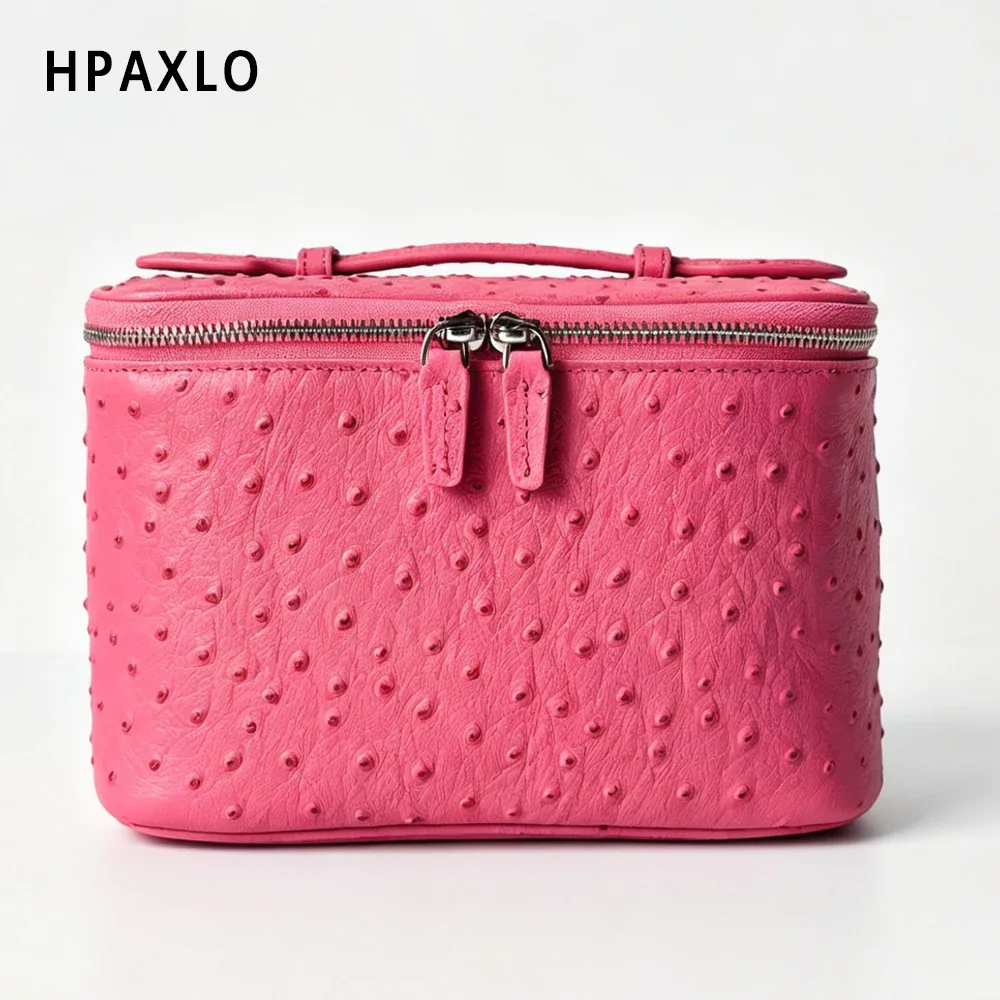 sac de toilette pour femme en cuir véritable à motif d'autruche, sac de voyage carré tendance, organiseur de cosmétiques, grand sac à cosmétiques, sac à main, neuf