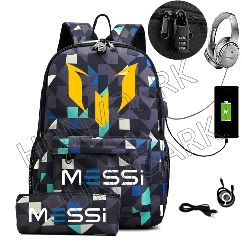 messi-sac à dos étanche avec chargeur usb, sac à dos de voyage décontracté, grande capacité, sacs d'école pour ordinateur portable, hommes et femmes