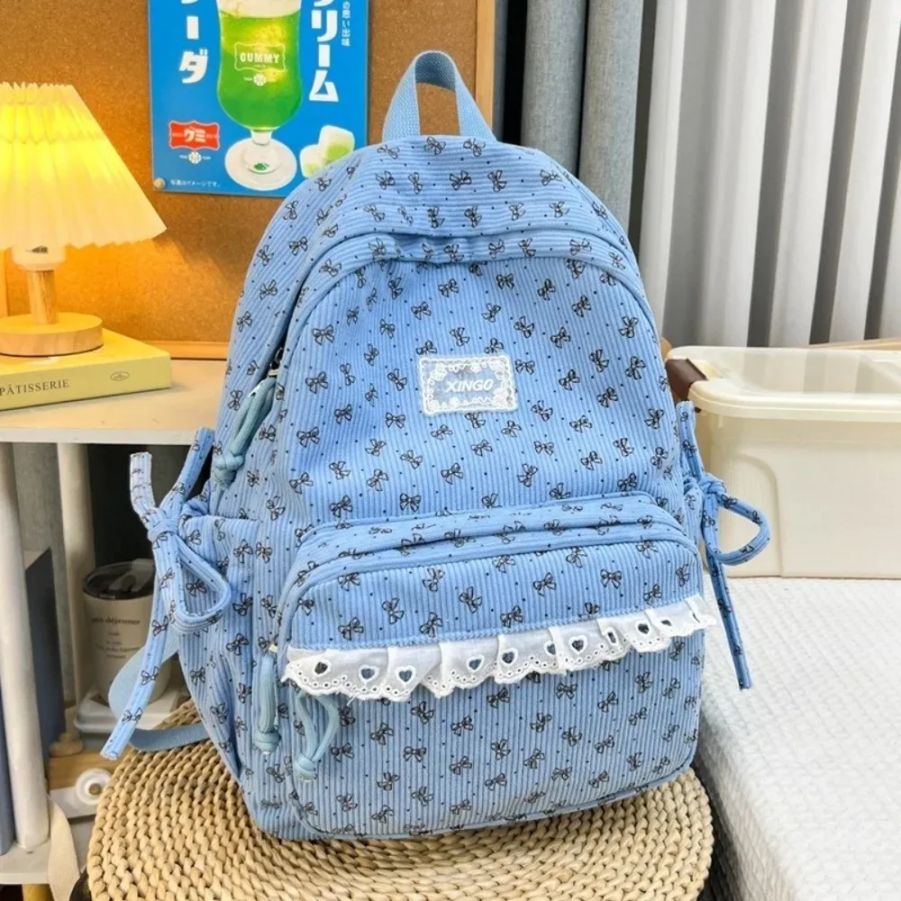sac à dos en velours côtelé de style coréen, style preppy, grande capacité, sac à dos pour étudiants, bordure en dentelle, nœud papillon, motif à pois