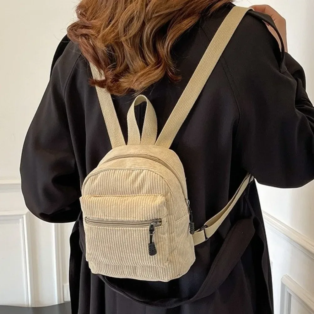 mini sac à dos en velours côtelé de couleur unie, style coréen, léger, avec fermeture éclair, sac à bandoulière double, sac à dos vintage portable pour les voyages quotidiens