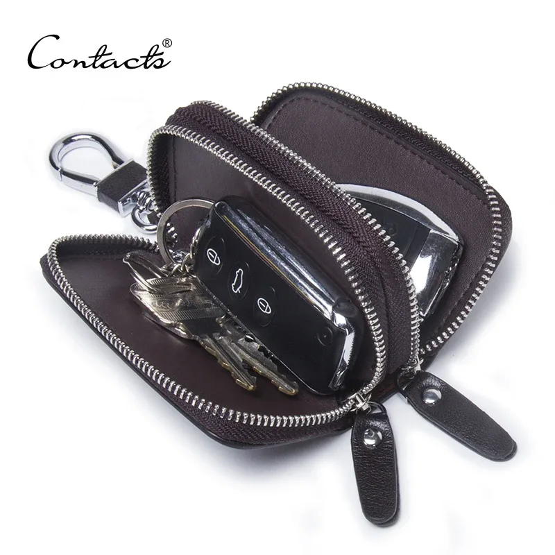 contact's – porte-clés de voiture en cuir véritable, porte-clé de mode, organisateur de clés de ménage, double fermeture éclair, étui à clé