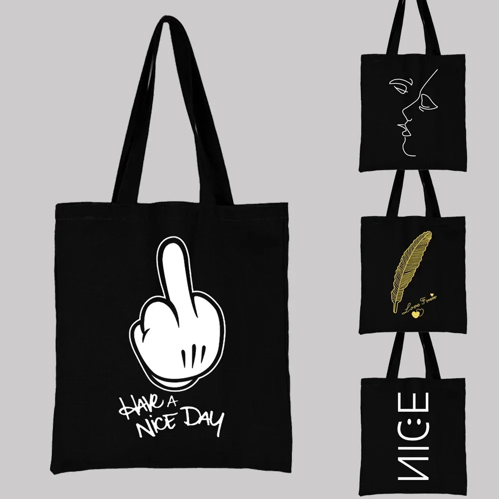 sac de shopping en toile noire pour femmes, fourre-tout décontracté réutilisable, sac à bandoulière à motif blanc imprimé, sac à main pliable de grande capacité