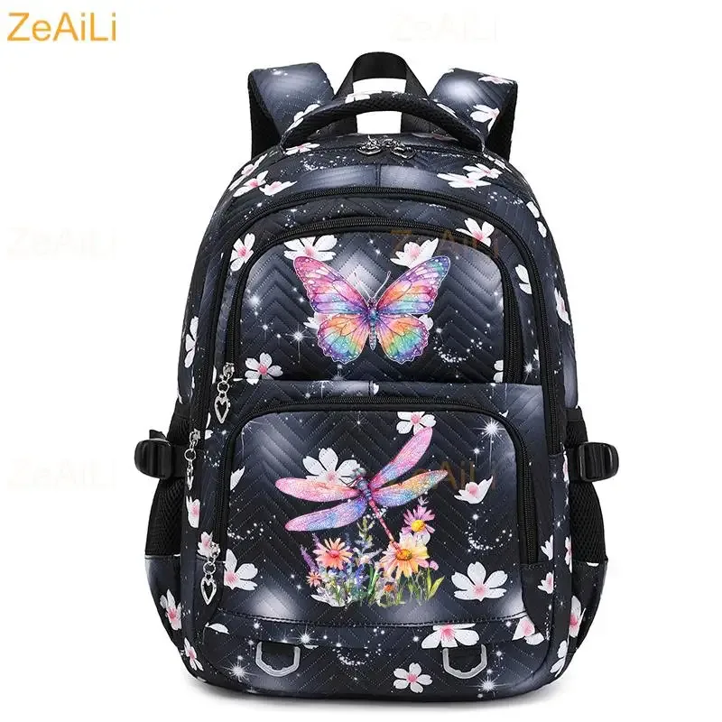 sac à dos imperméable pour femmes, motif libellule et floral, sac de voyage pour adolescentes, cartable pour adolescentes, mochila