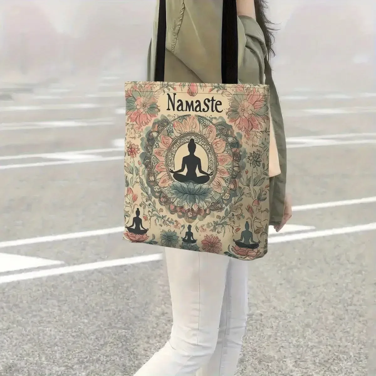 sac fourre-tout élégant pour femme avec imprimé silhouette zen, spacieux et décontracté, idéal pour les cours de yoga, sac à bandoulière
