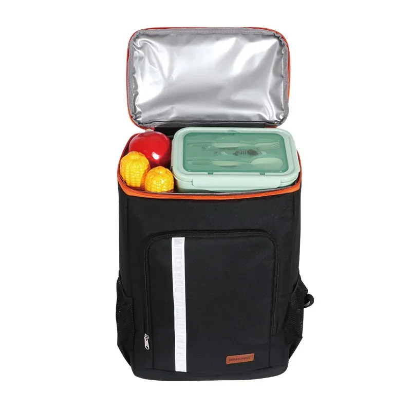 sac dos polyester fibre noire gris bordure orange isolé transport aliments frais voyage pique-nique