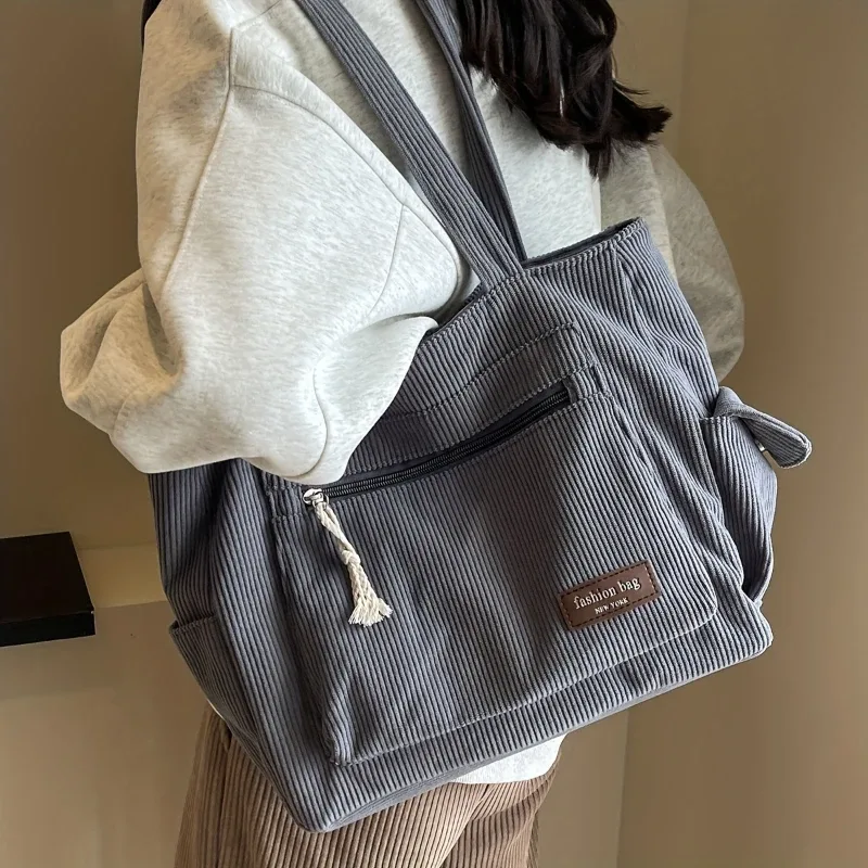 Sac fourre-tout Simple en velours côtelé, sac à bandoulière de couleur unie, sac à main rétro multi-poches pour le travail scolaire et le Shopping