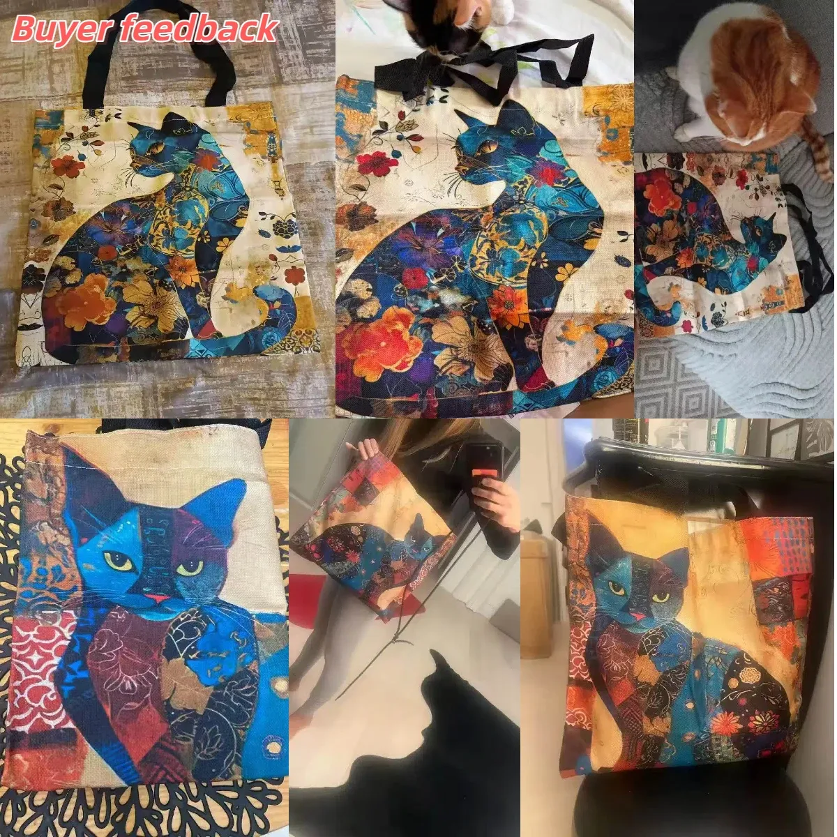 sac à main design floral chat, fourre-tout décoratif à motif rétro, sac à bandoulière à usage quotidien et décontracté, sac de courses pratique de grande capacité