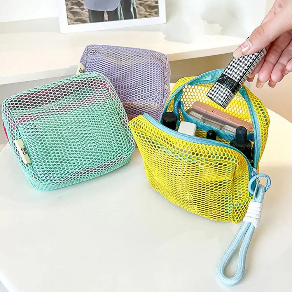 mini pochette en maille dopamine, étui carré coloré pour écouteurs, trousse à cosmétiques portable pour rouge à lèvres, organiseur de rangement respirant pour articles de toilette
