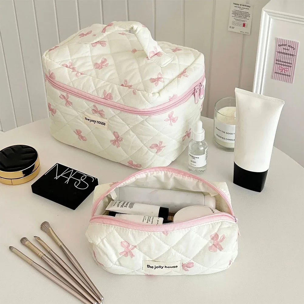 trousse de maquillage en coton courtepointe pour femme, trousse de toilette portable pour filles, sac à main à glissière, mignon, nœud fleur, évaluation cosmétique, grill féminin