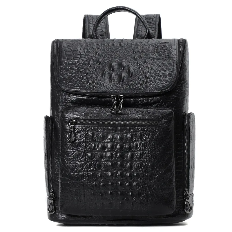 sac à dos en cuir de crocodile véritable pour ordinateur portable, sac à dos de voyage pour homme, grand sac à dos étanche pour adolescent, cartable, 15.6 pouces