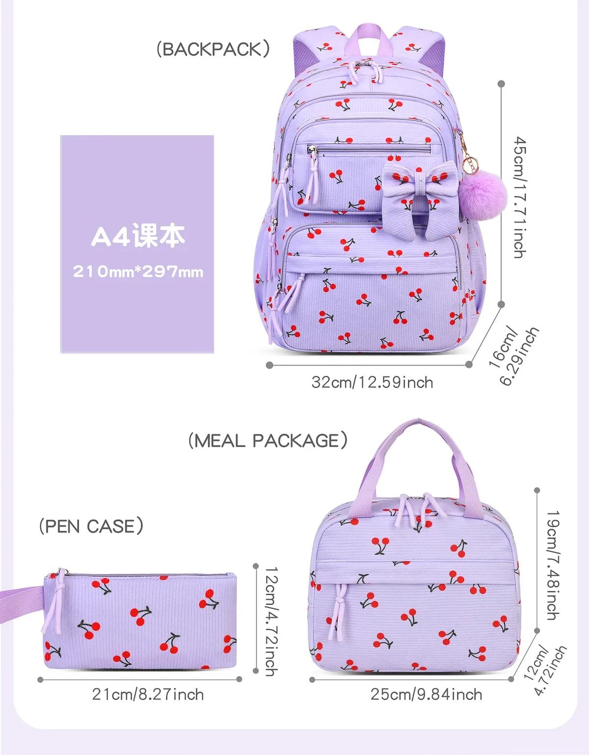 sac dos velours cotelé cerises beige grande capacité casual étudiant set trois pièces école voyage