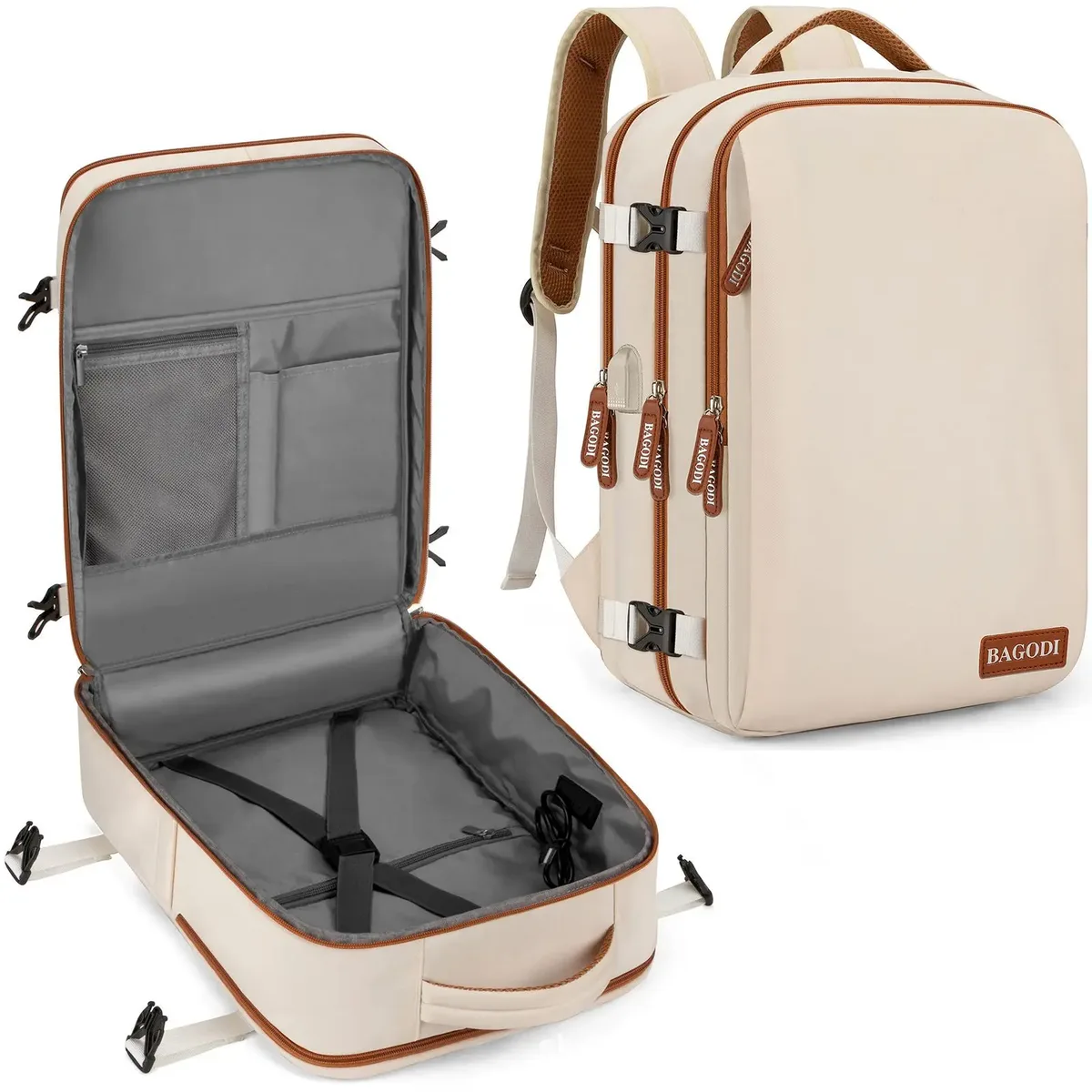 sac dos oxford beige polyester antivol doublure respirante portusb bandoulière arquée grandecapacite voyage loisir sac portable week-end