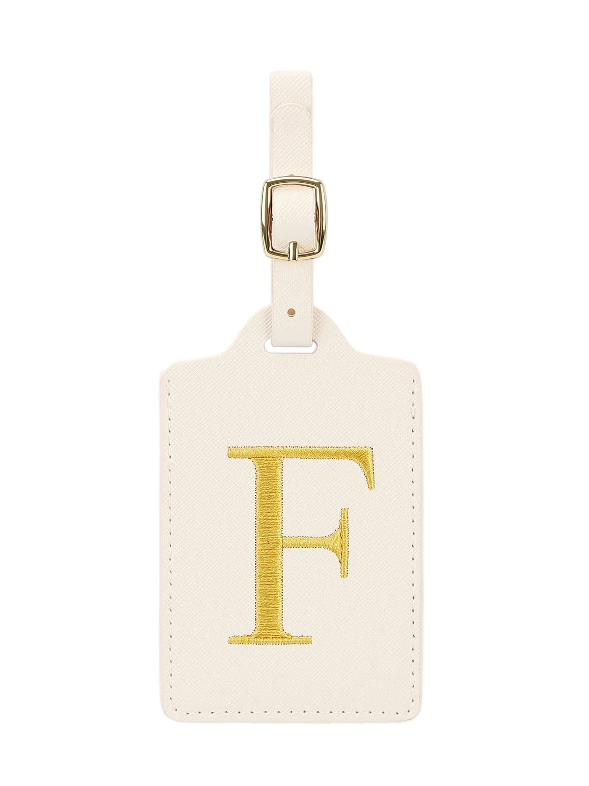 étiquette bagage polyester lettre dorée cuir blanc rectangulaire identification voyage unisexe alphabet fixation anneau métallique