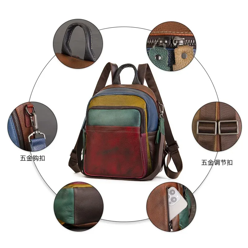 sac à dos patchwork en cuir véritable pour femme, sacs à bandoulière en cuir de vache véritable, fourre-tout de voyage en cuir de vache à la mode