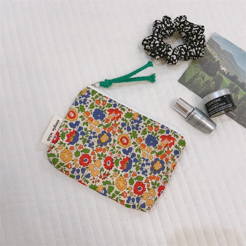 porte-monnaie en coton imprimé floral frais d'été, mini sac de rangement en tissu, petit sac pour écouteurs, pochette de voyage pour cosmétiques, sac de rangement pour maquillage