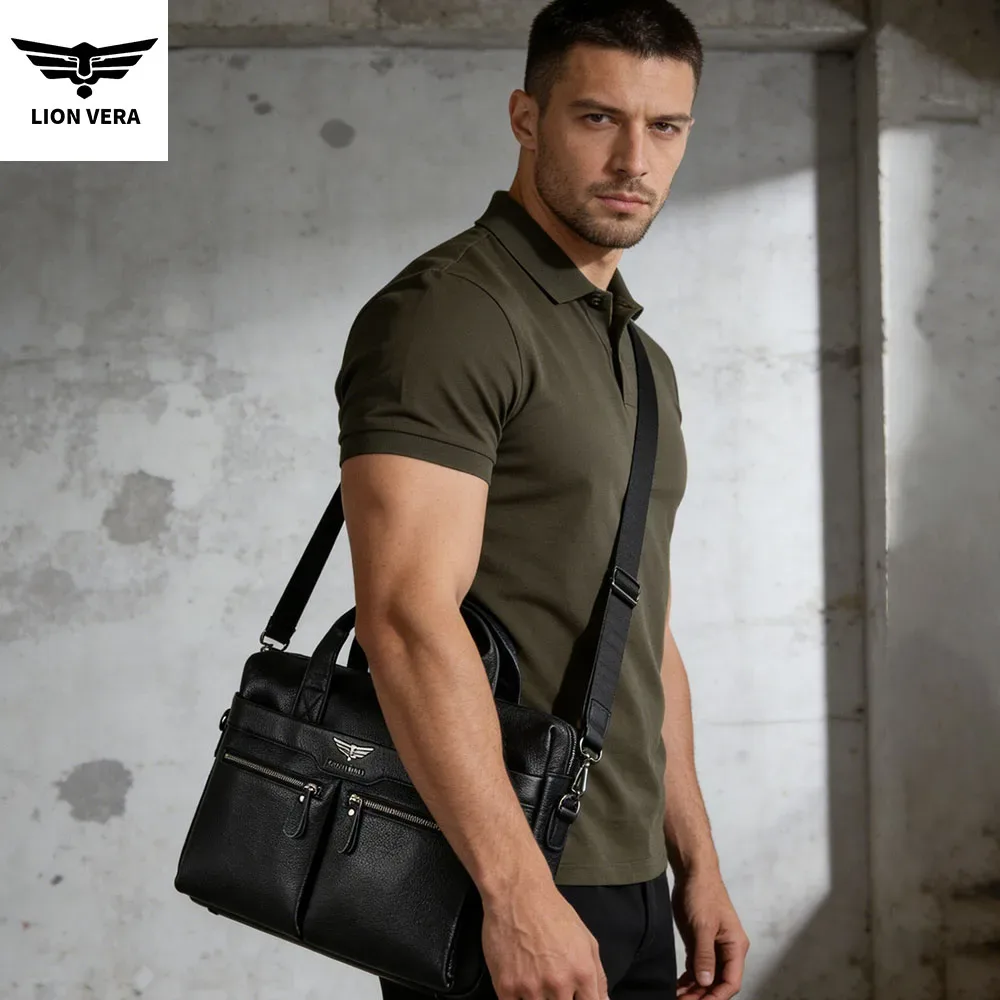 sac de transport professionnel lion vera pour homme, grande capacité, en cuir véritable, bandoulière portable, fermeture éclair, sacoche pour ordinateur portable