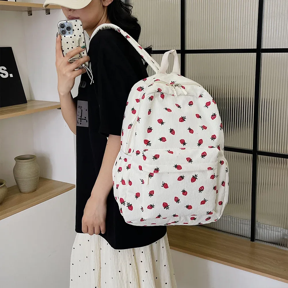 sac à dos en velours côtelé à motif fraise, sac à dos quotidien de grande capacité, sac à livres tendance, multi-poches, sangle réglable pour les voyages en plein air