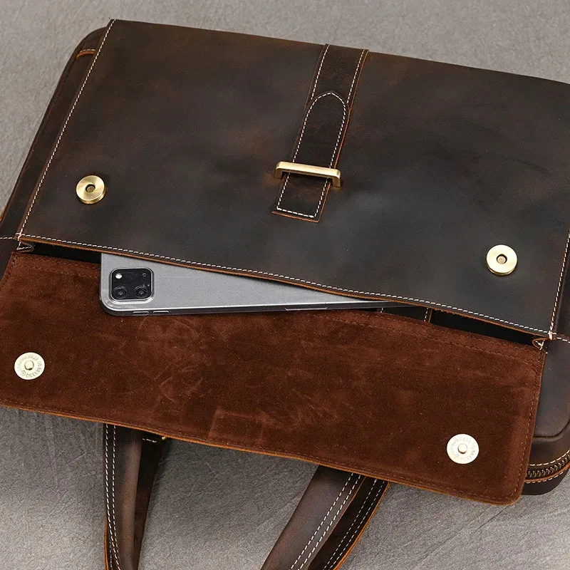 porte-documents en cuir véritable pour hommes, sac à main d'affaires en peau de vache pour ordinateur portable, style vintage, sac à bandoulière en cuir de cheval fou