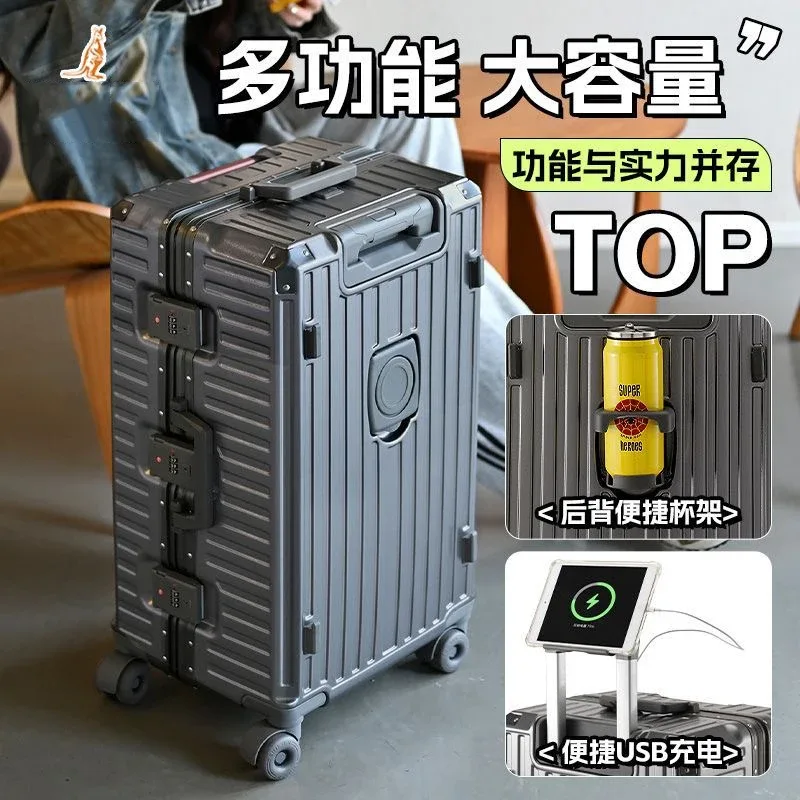 valise de voyage grande taille avec cadre en aluminium, bagage à roulettes avec porte-gobelet et serrure à combinaison