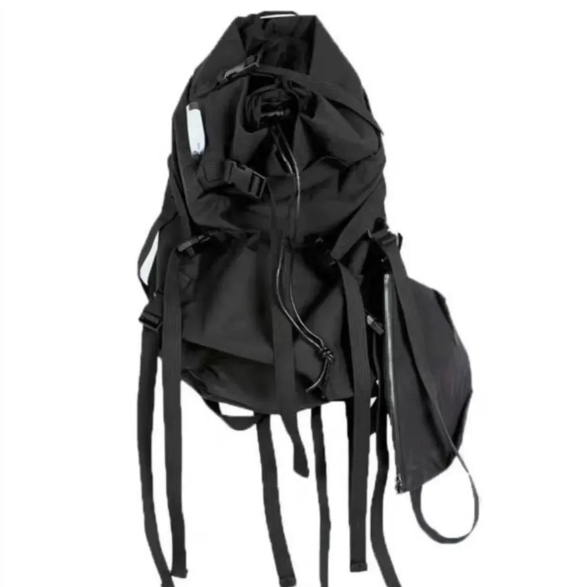 sac dos nylon noir forme trapézoïdale bandoulière arquée chaîne intérieur informatique moto rubans capacité grand voyage
