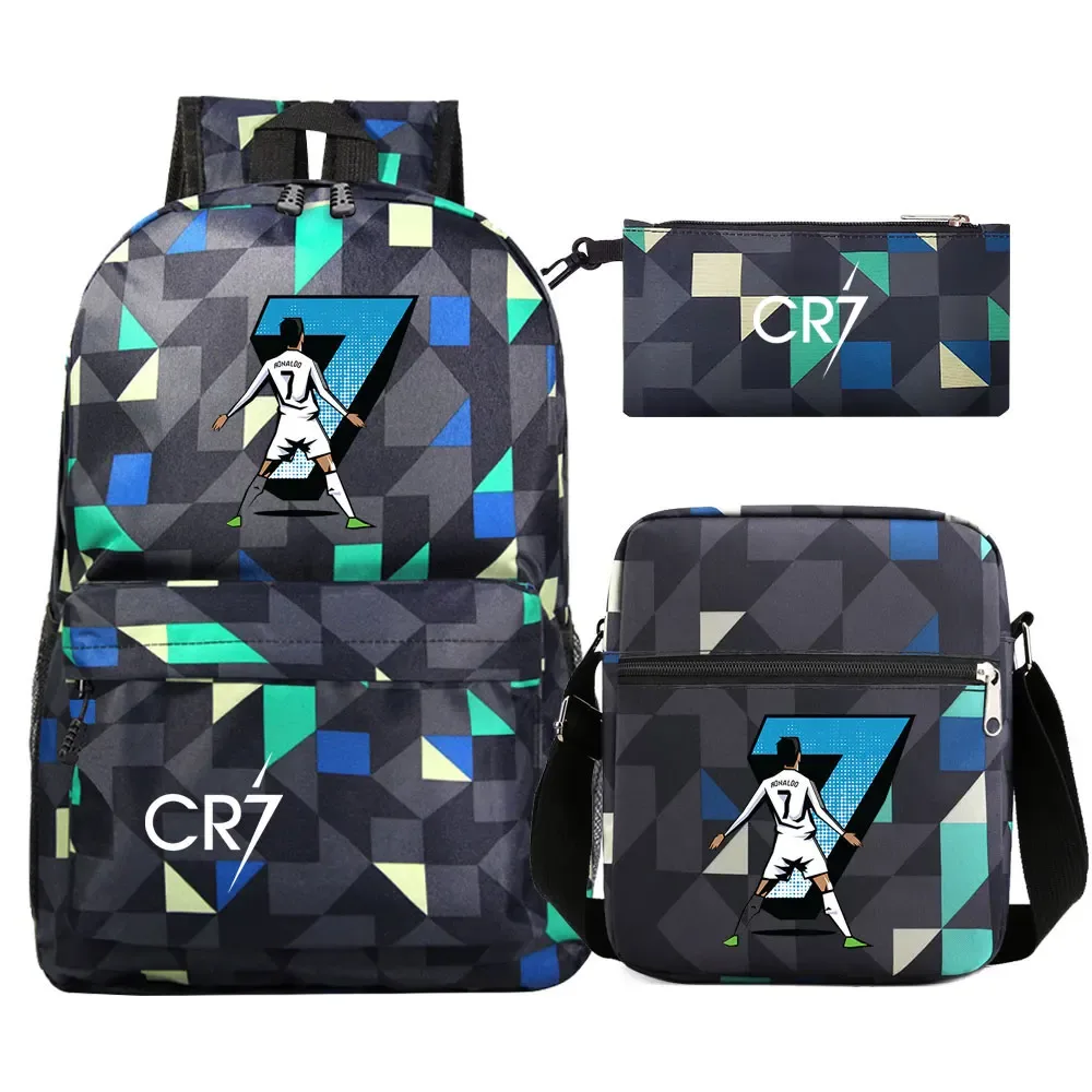 football star cr7 3 pièces garçon fille retour à l'école livre sacs, étudiant sac à bandoulière porte-crayon sac à dos, adolescents mochila hommes femmes