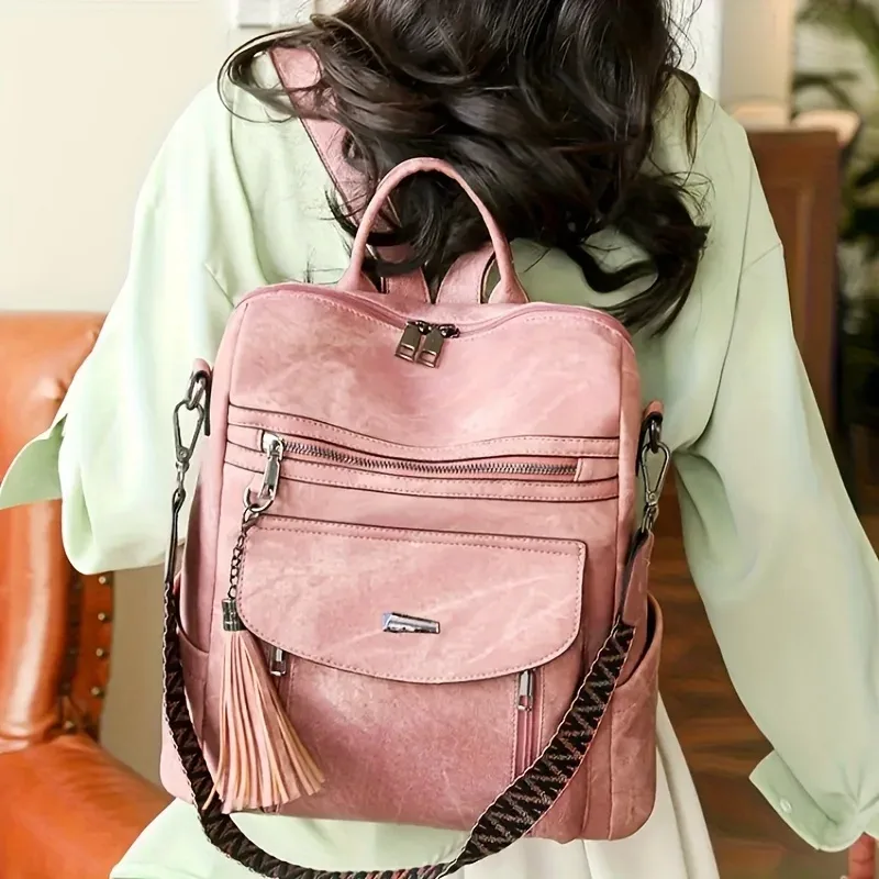 sac dos polyester unisexe rose bleu beige noir décontracté grande capacité poche intérieure fendue bandoulière arquée fermeture éclair souple imperméable
