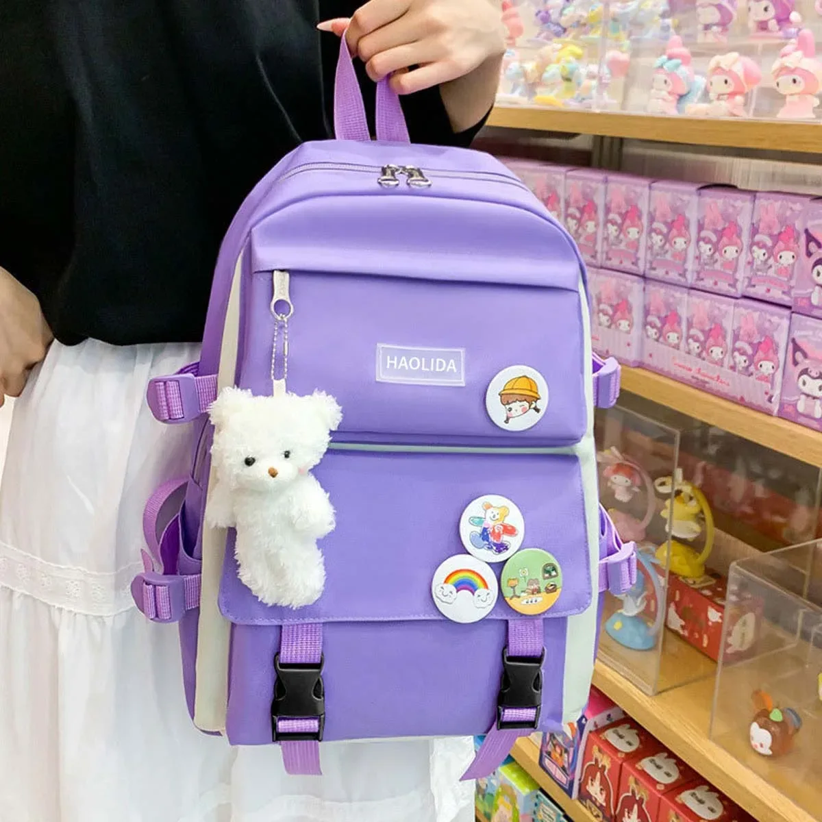 sac dos toile lavande rose pastel dessin animé ours blanc arc ciel polyester polyestride couche intermédiaire informatique ceinture coussin air voyage décontracté