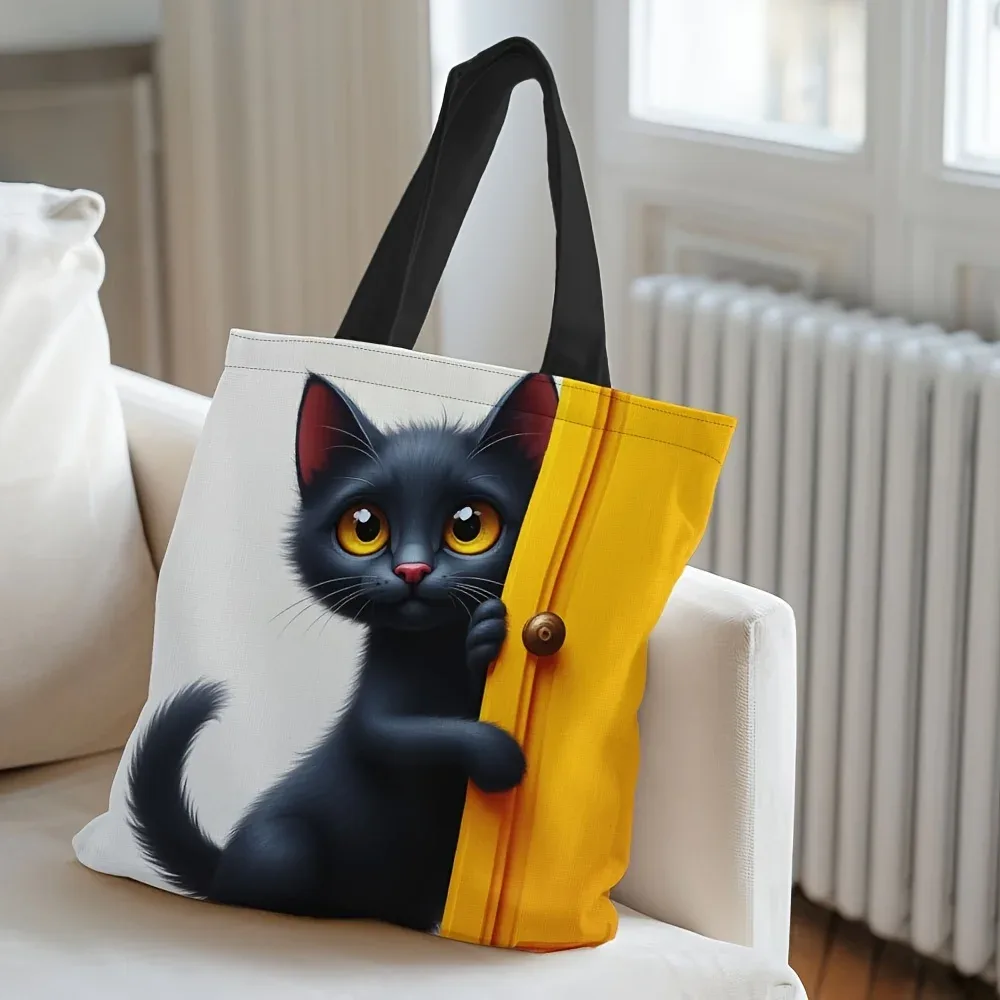 sac fourre-tout élégant imprimé chat noir, sac de shopping à bandoulière léger et pliable pour voyage scolaire, sac à main de rangement portable