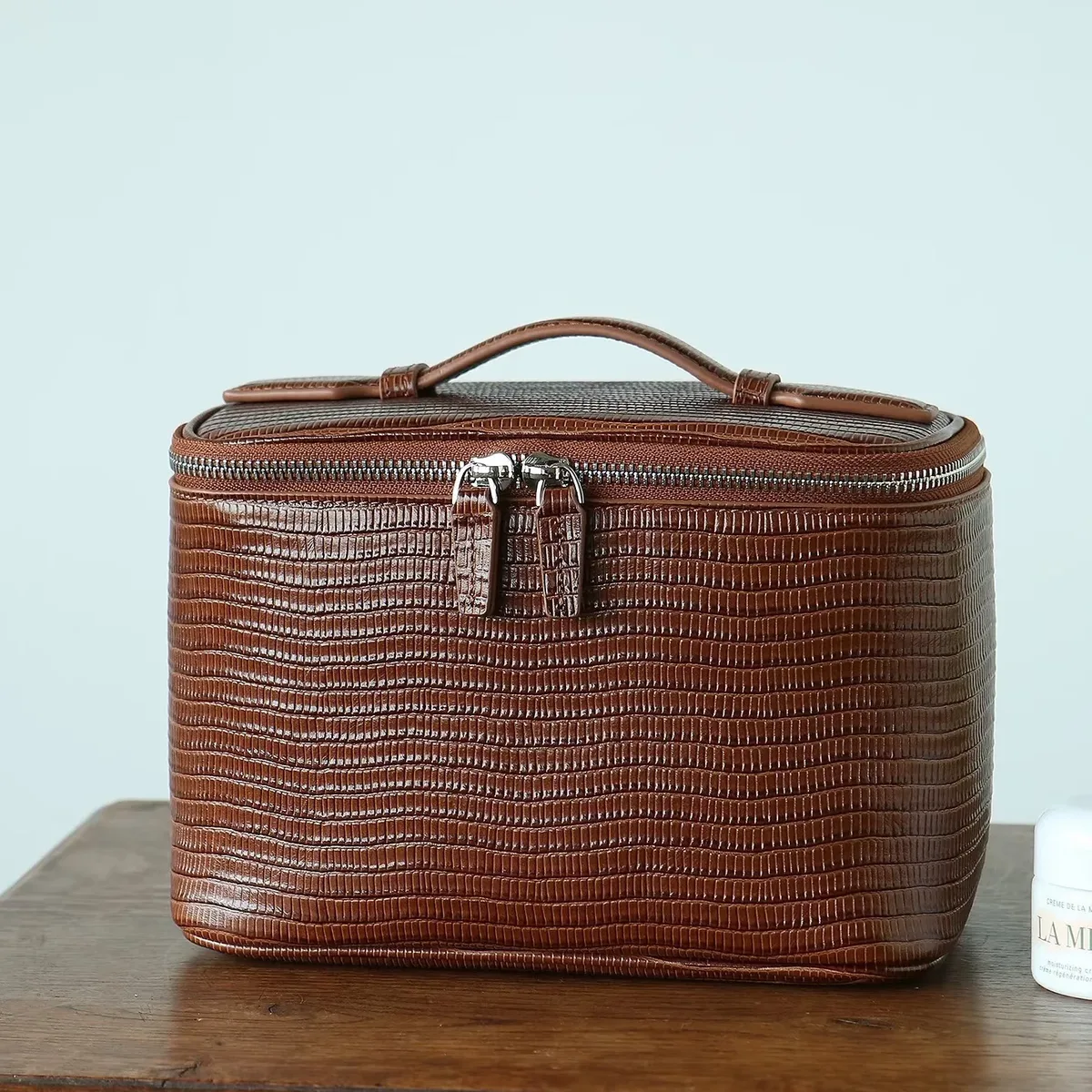 sac de maquillage en cuir de vachette à motif lézard, grande capacité, sac de toilette de voyage, cuir véritable, sac cosmétique portable pour femmes