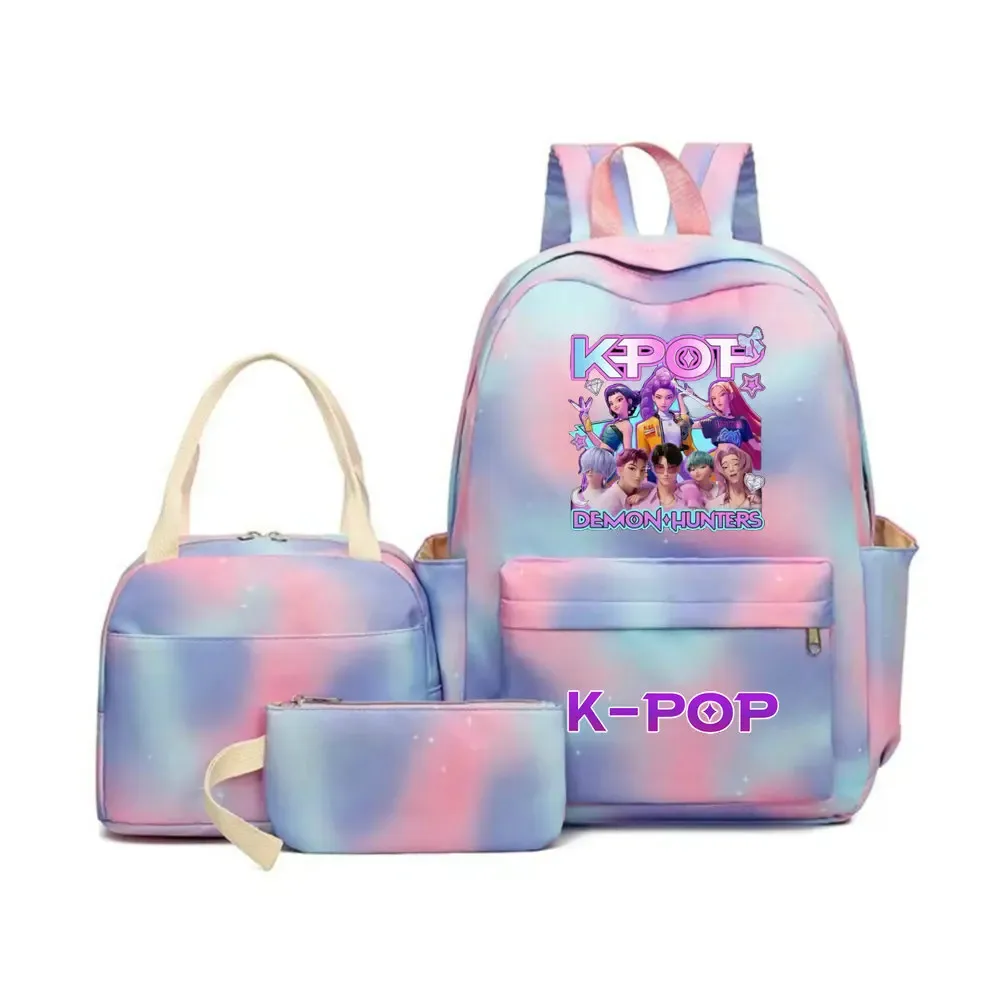sac dos polyester motifs personnages kpop pompon ceinture coussin air bandes latérales poignée supérieure pliable extensible bleu rose violet voyage adolescents