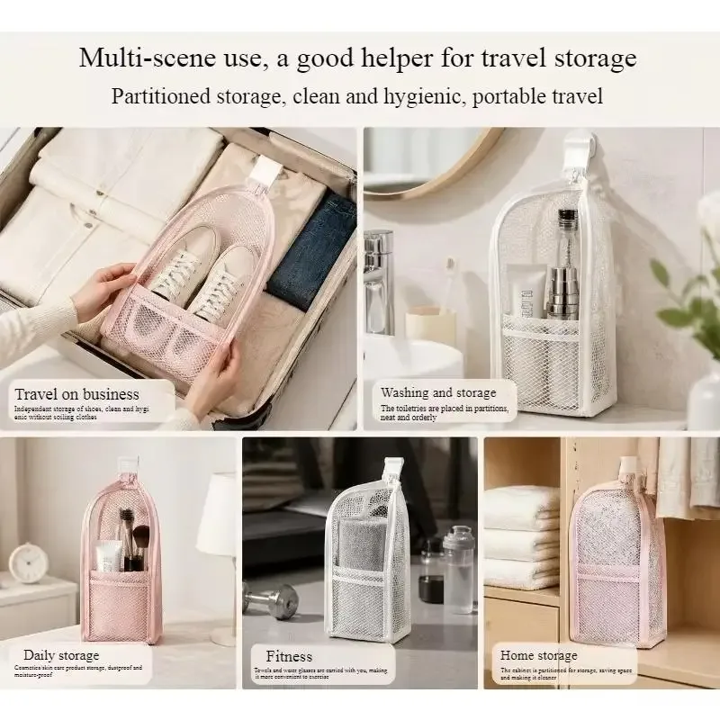 nouvelle trousse de toilette et de maquillage en maille respirante avec poches de rangement verticales pour les voyages et les déplacements professionnels