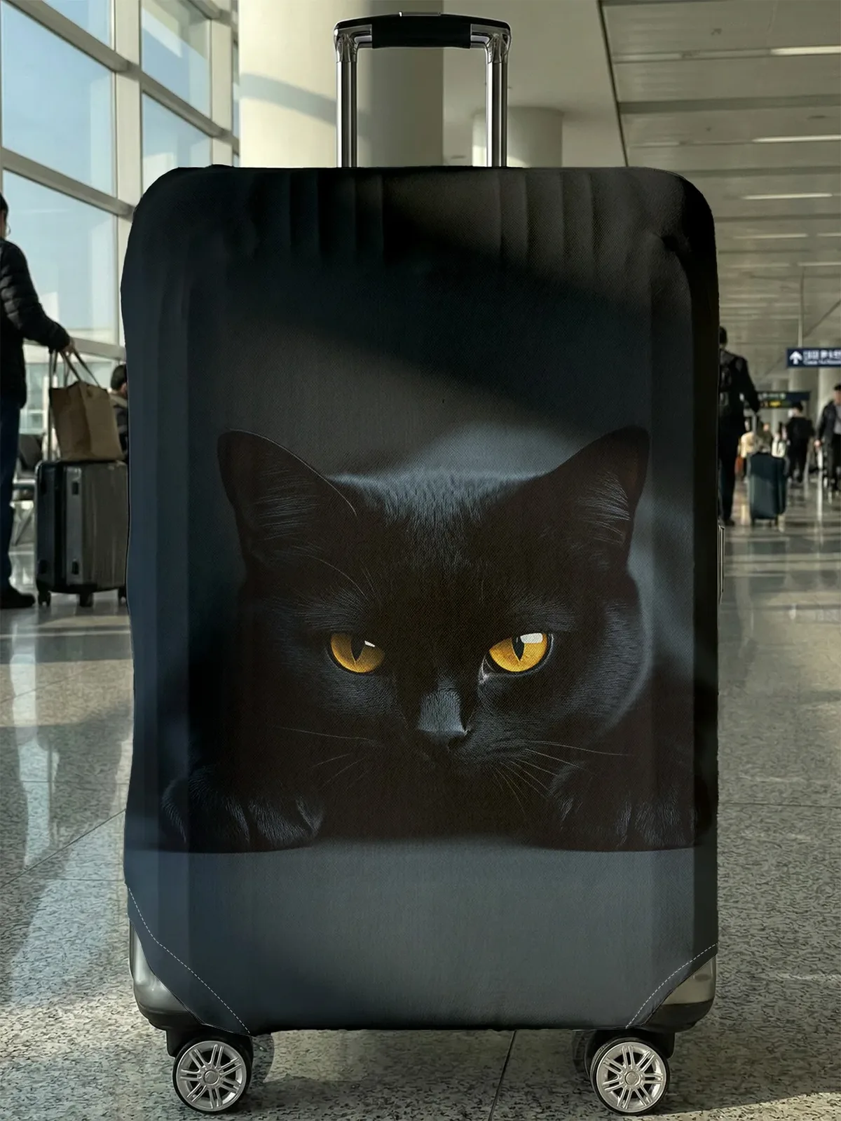 housse de protection pour bagages en forme de chat noir aux yeux jaunes, adaptée aux housses de bagages de 18 à 32 pouces, gants pour poignée de bagage, accessoire de voyage