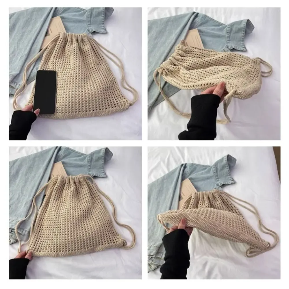 sac à bandoulière en tricot couleur unie, style décontracté, grande capacité, sac à dos bohème en crochet, polyvalent et ajouré