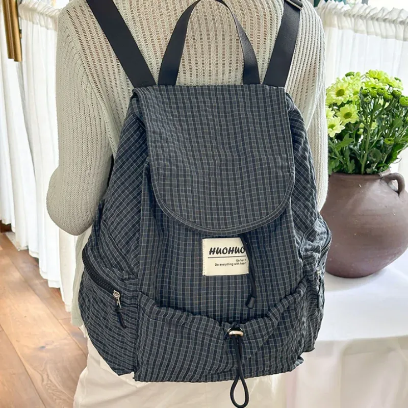 sac à dos minimaliste à carreaux tendance, grande capacité, multi-poches, décontracté, pour étudiants, sac d'école, sac de voyage vintage à carreaux.