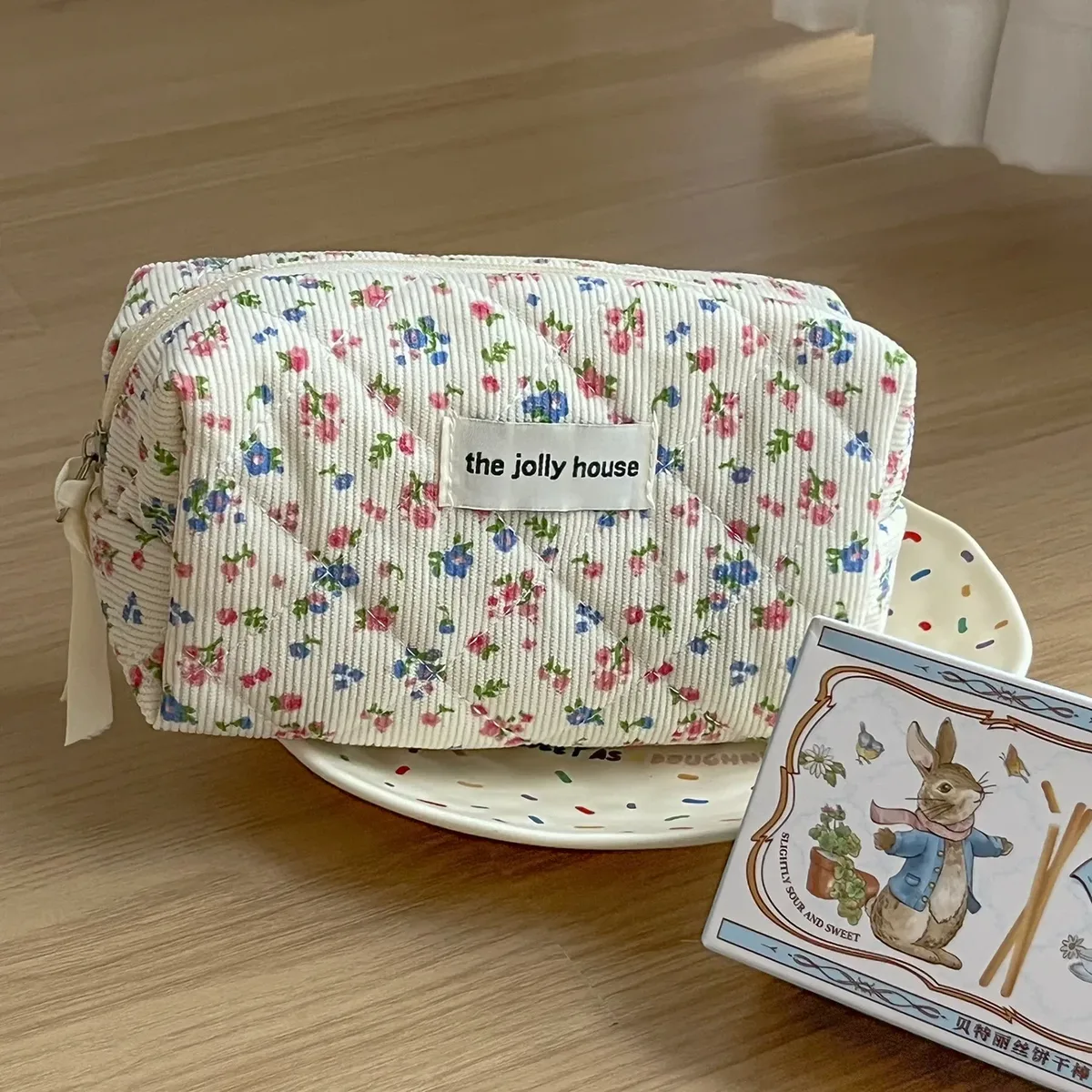 sacs de rangement floraux doux pour femmes, sac à cosmétiques rétro en velours côtelé pour dames, trousse de maquillage portable de voyage, pochette, sacs à main