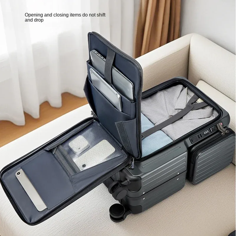 valise à ouverture frontale en aluminium, 20 pouces, multifonctionnelle, avec petit sac bandoulière amovible